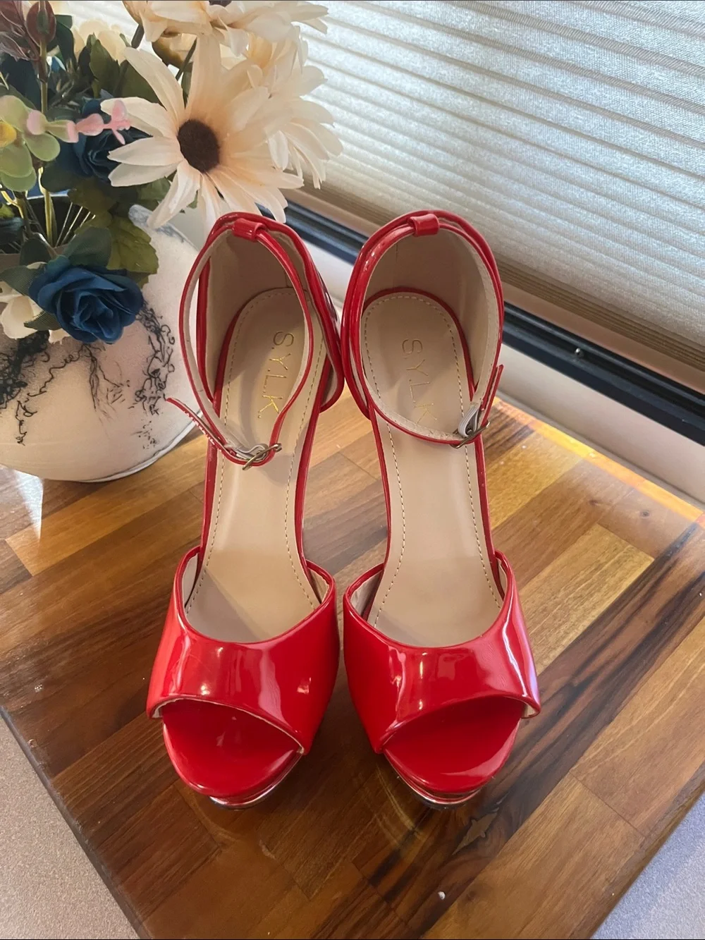 Sexy Red Patent Peep-Toe Ankle Strap Heels -